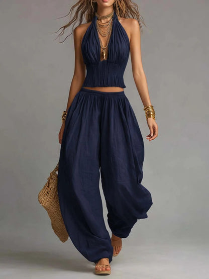Women's Summer Halter Backless Wide Leg Pants Matching Set