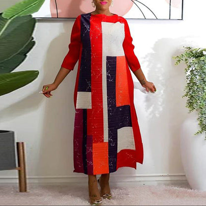 Women's Geometric Pleated Maxi Dress 3/4 Sleeve Colorful