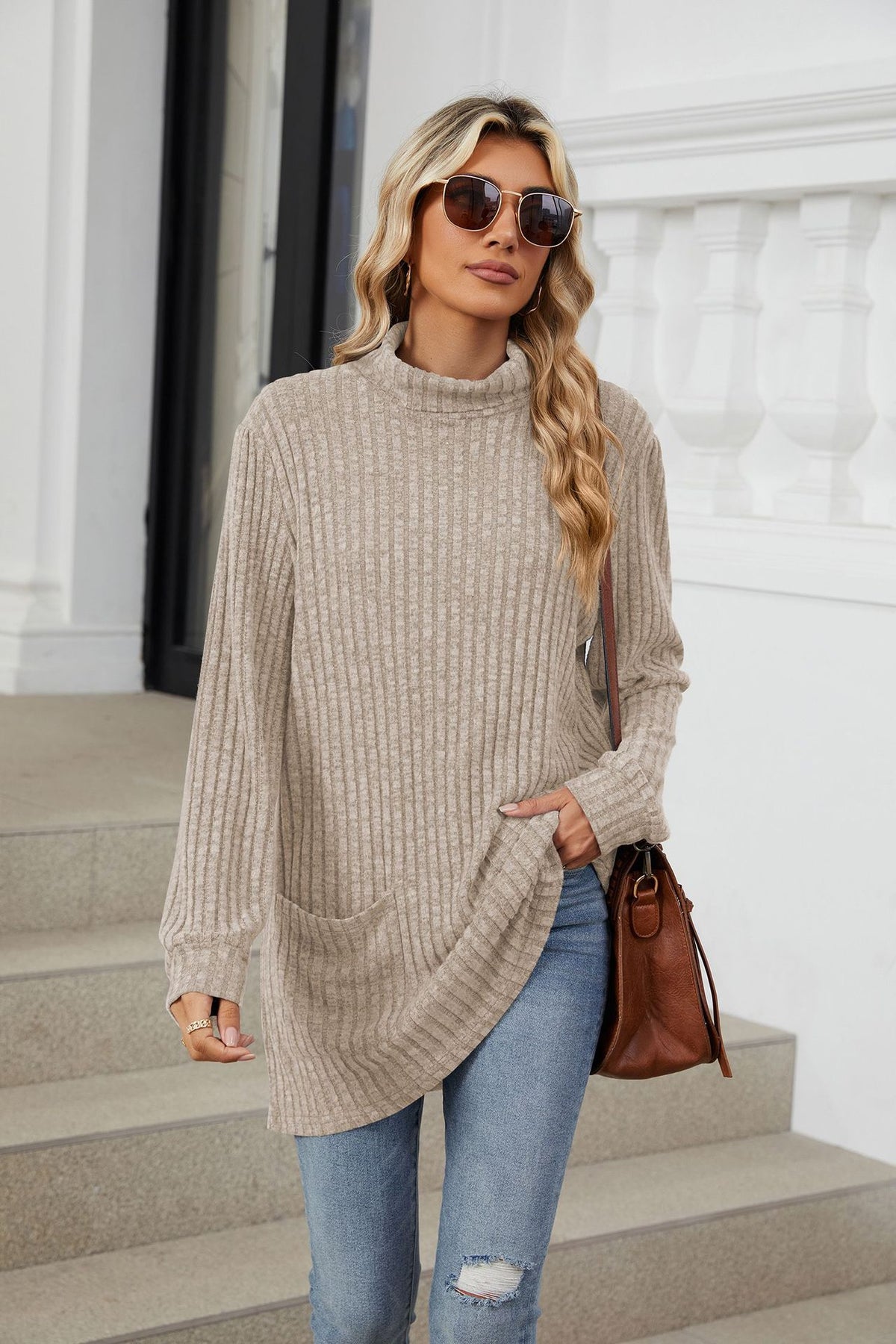 Women's Oversized Ribbed Mock Neck Tunic with Pockets