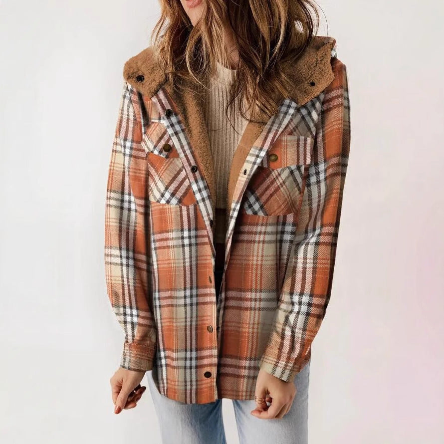 Women's Plaid Fleece Hooded Shacket with Pockets