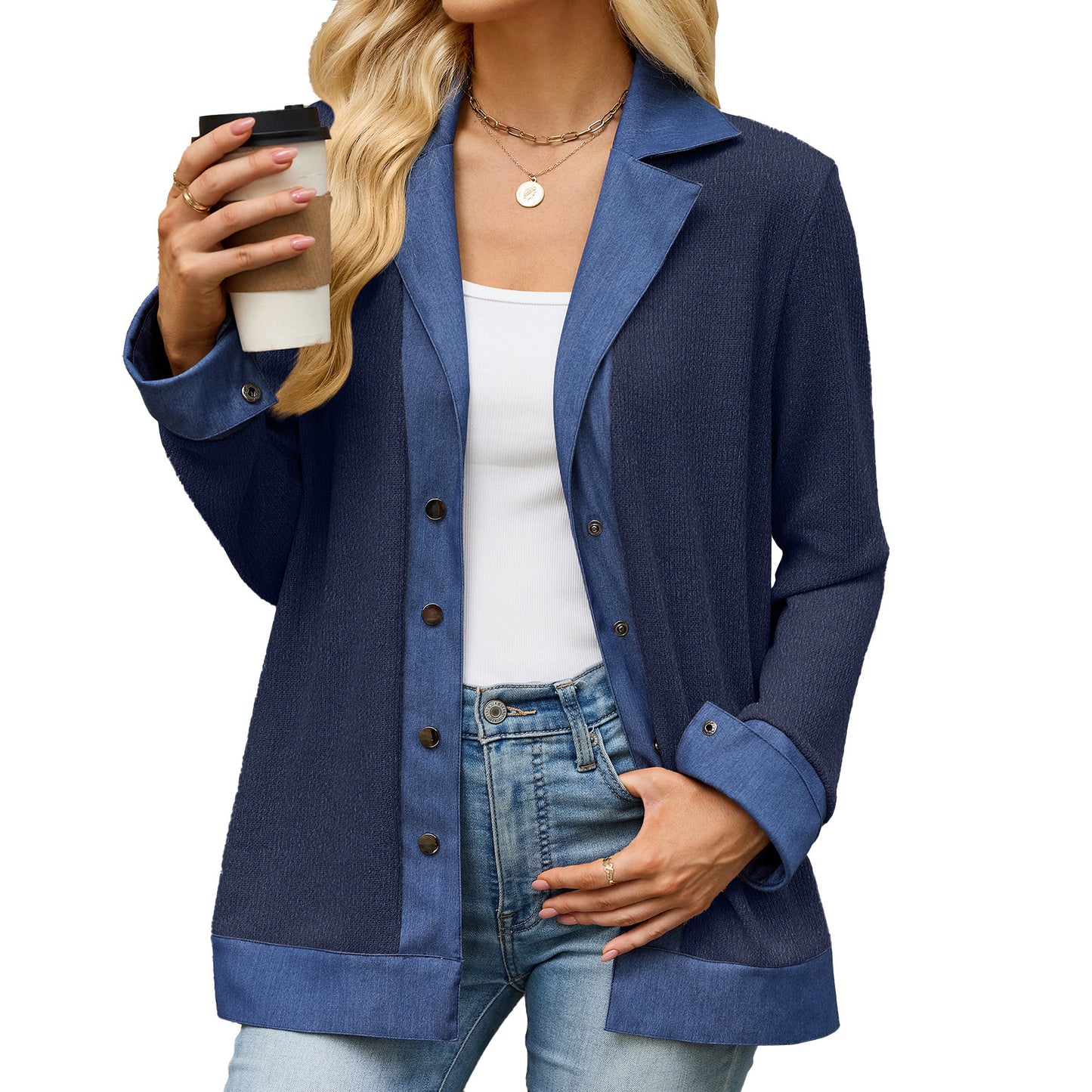 Women's Denim Contrast Knit Cardigan Button Front Jacket