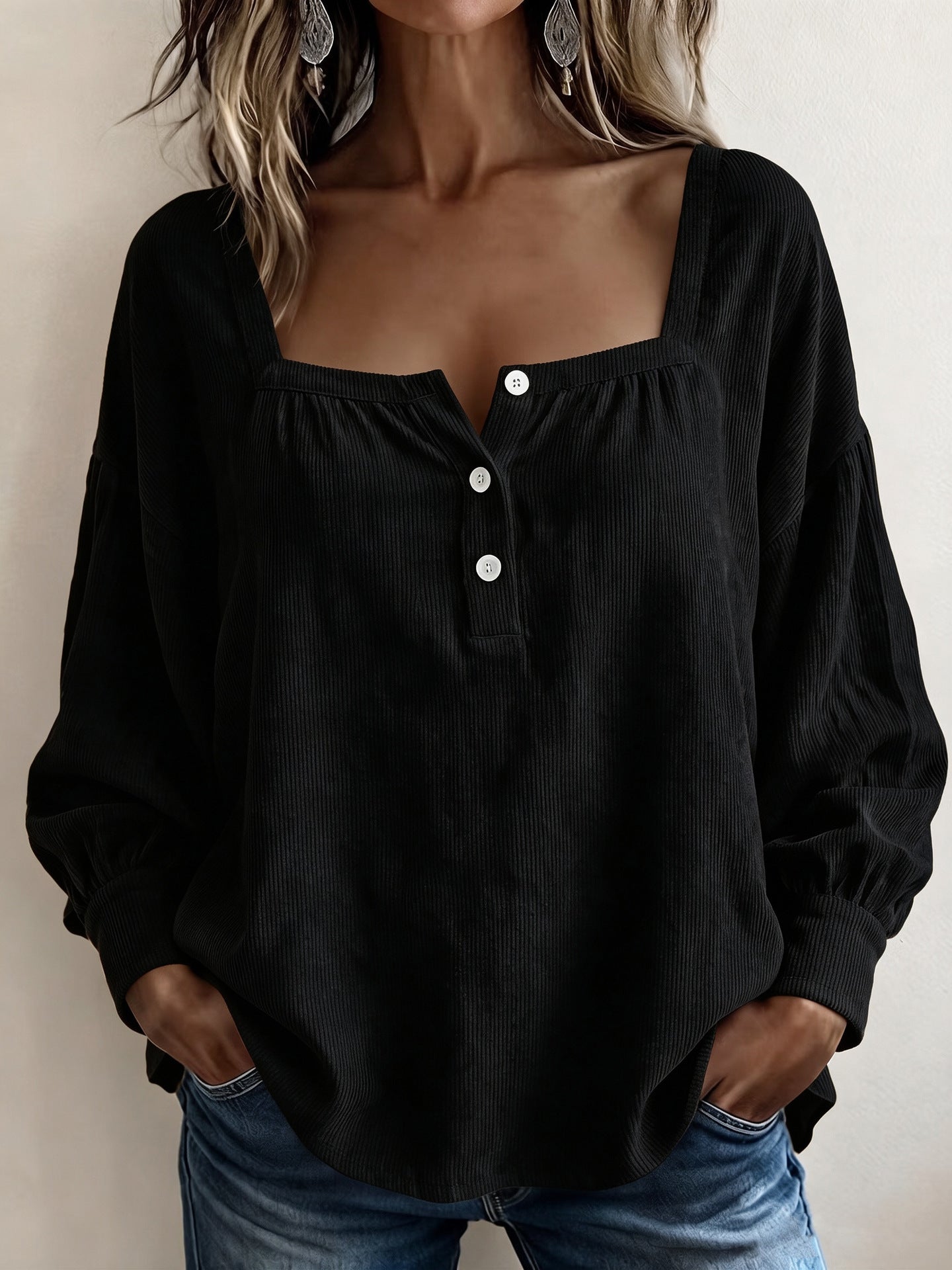 Square Neck Corduroy Top Button Front Long Sleeve Oversized