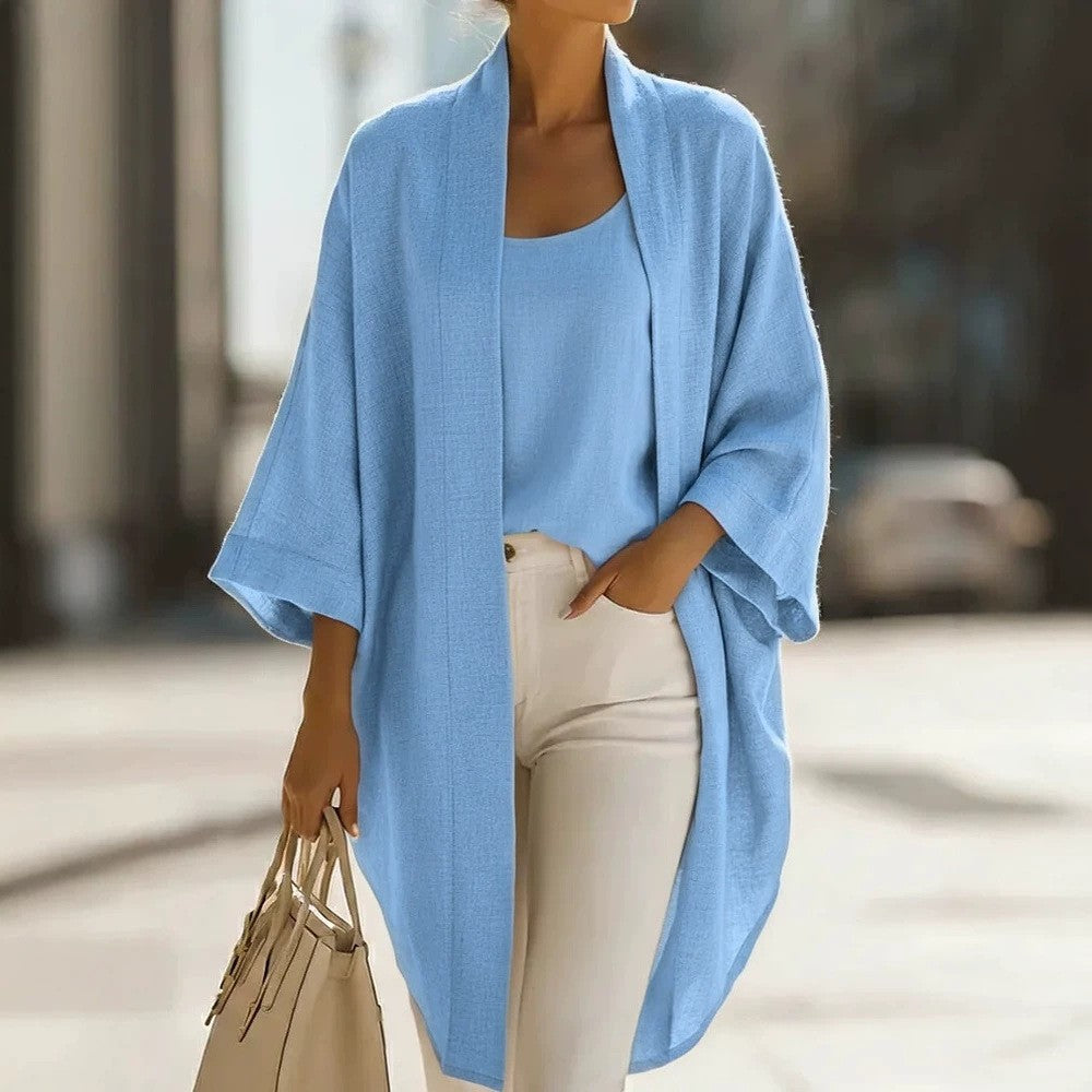 Women's Linen Blend Kimono Cardigan Tank 2 Piece Set