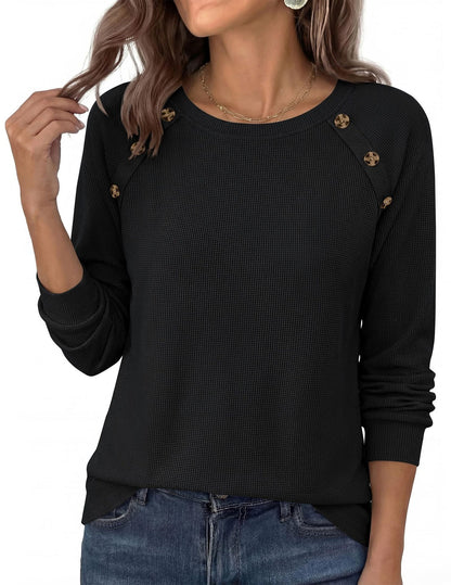 Waffle Knit Button Henley Top Crew Neck Long Sleeve Tee