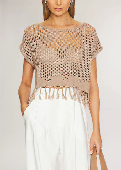 Fringe Knit Top Hollow Out Cropped Beach Cover Up