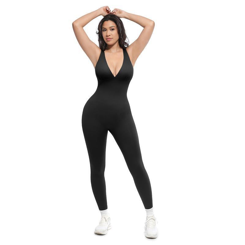 Ribbed V-Neck Seamless Yoga Jumpsuit High Waist