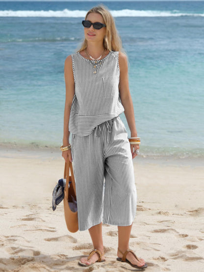 Striped Cotton Matching Set Sleeveless Top Capri Pants Casual