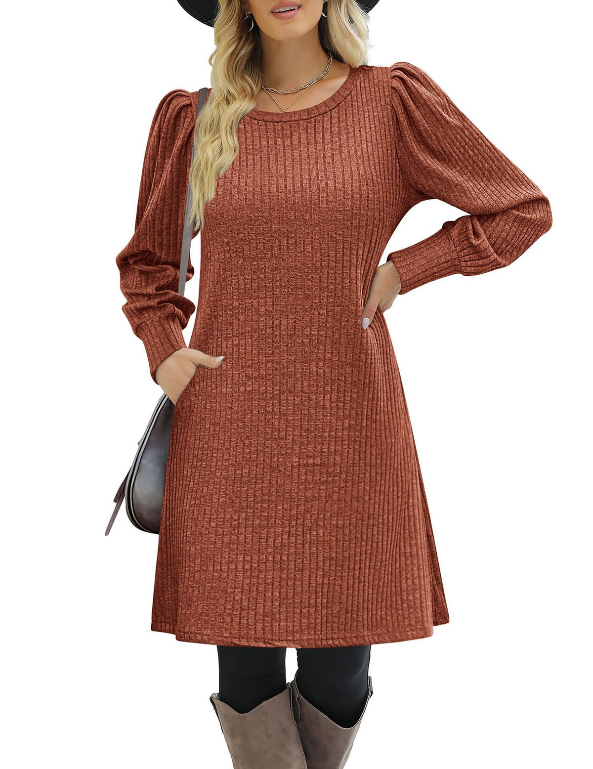 Women's Puff Sleeve Ribbed Knit Sweater Dress with Pockets