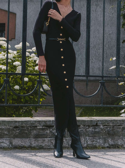 V Neck Ribbed Button Front Sweater Dress Long Sleeve Midi