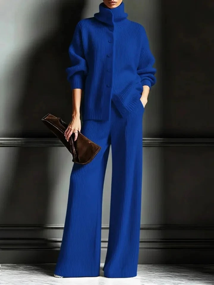 Women's Knit Turtleneck Cardigan Wide Leg Pants Set
