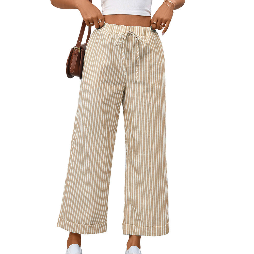 Striped High Waist Drawstring Wide Leg Summer Pants