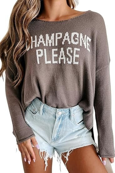 Women's Graphic Crew Neck Side Slit Knit Sweater