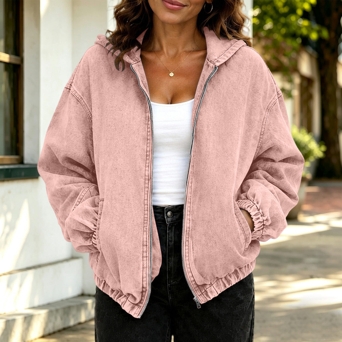 Women Oversized Hooded Zip-Up Cropped Denim Jacket