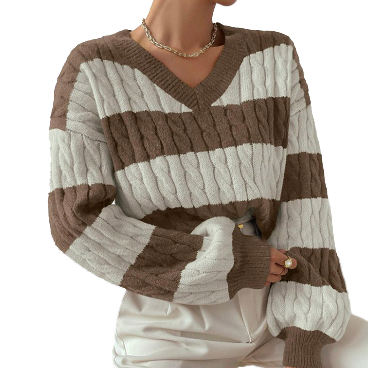 Oversized V-Neck Cable Knit Striped Pullover Sweater