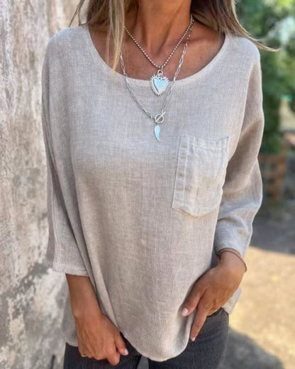 Women's Relaxed 3/4 Sleeve Round Neck Pocket Tee