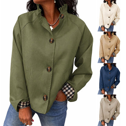 Women's Ruffle Stand Collar Button Front Jacket