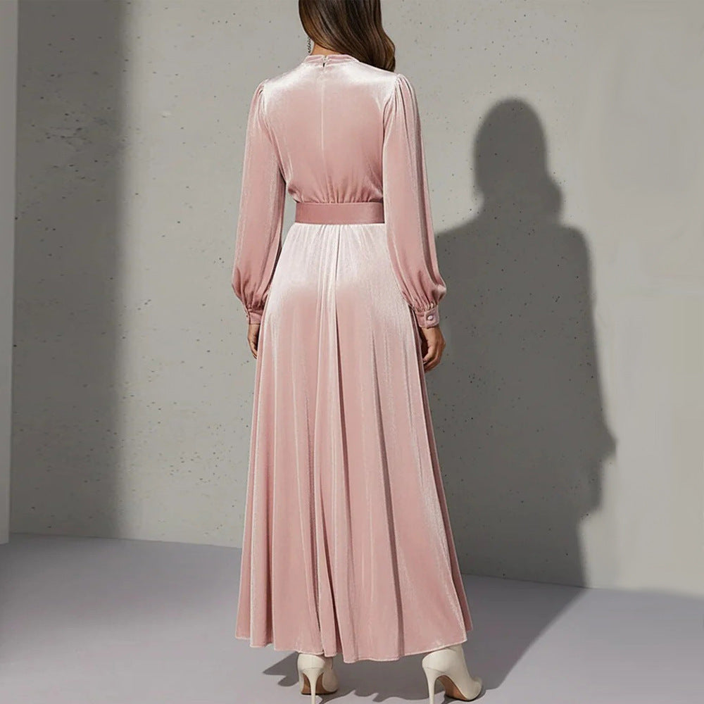 Women's Puff Sleeve V Neck Pleated Belted Maxi Dress