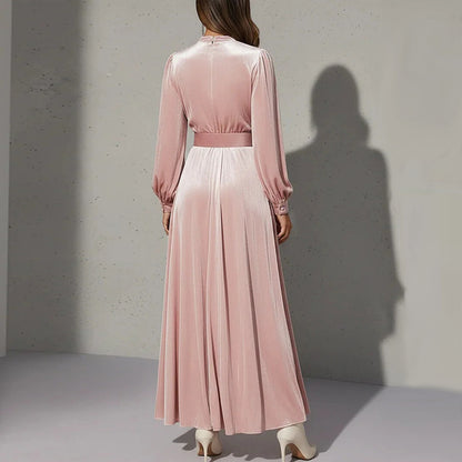 Women's Puff Sleeve V Neck Pleated Belted Maxi Dress