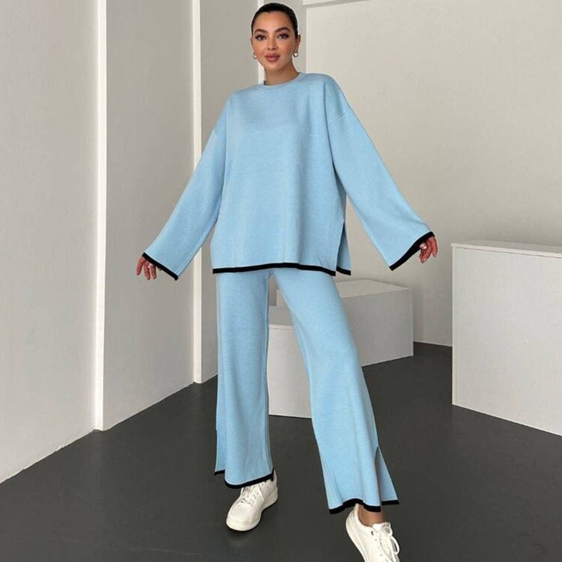Women Color Block Lounge Set Side Slit Pants