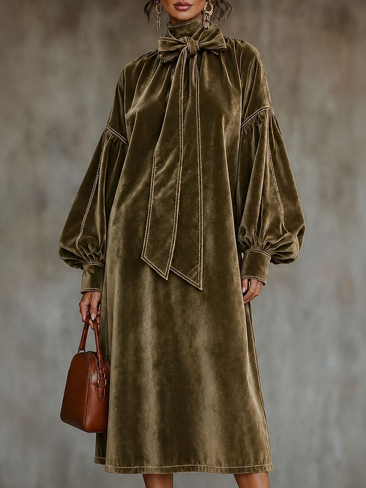 Elegant Velvet Tie Neck Midi Dress Long Puff Sleeve