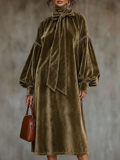 Elegant Velvet Tie Neck Midi Dress Long Puff Sleeve
