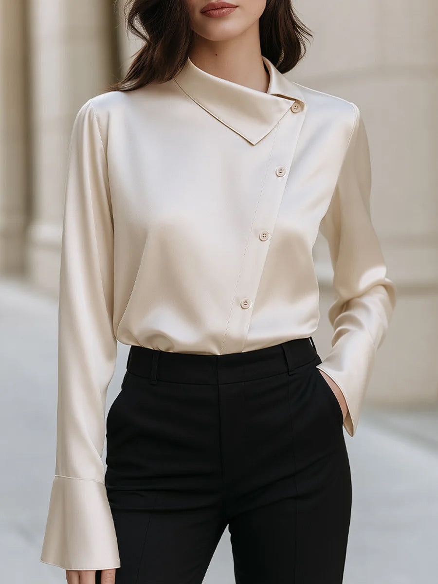 Women's Satin Asymmetric Button Down Blouse Long Sleeve