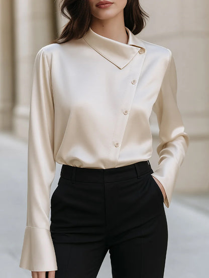 Women's Satin Asymmetric Button Down Blouse Long Sleeve