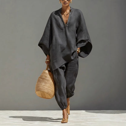 Women's Linen Blend Batwing V-Neck Two Piece Set