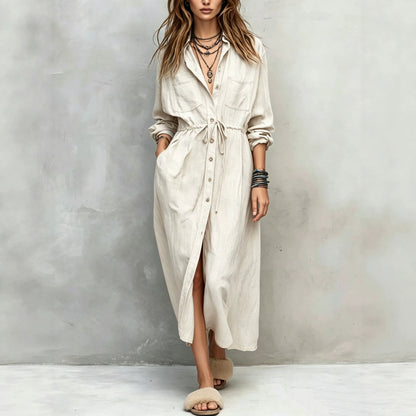 Women Long Sleeve Button Down Shirt Dress Drawstring Midi