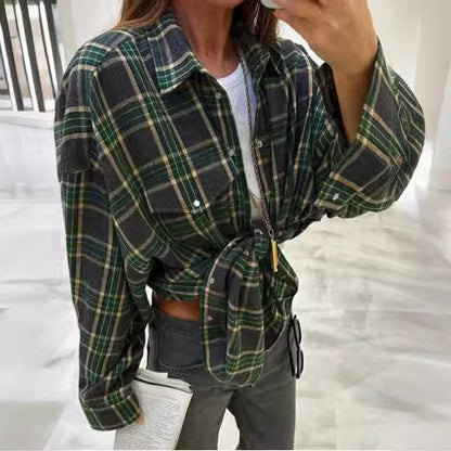 Oversized Plaid Button Up Shirt Long Sleeve Pocket Top