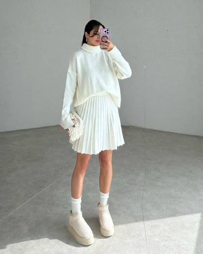 Oversized Turtleneck Sweater Skirt Two Piece Set