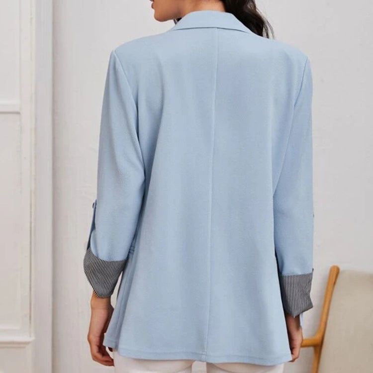 Women Casual Blazer Slim Fit 3/4 Sleeve Striped Cuff