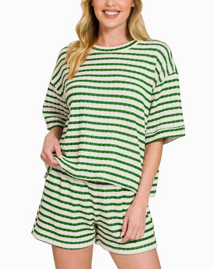 Stripe Textured Knit Lounge Set Casual Shorts Outfit