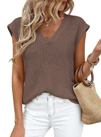V Neck Knit Sweater Vest Sleeveless Loose Summer Top