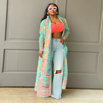 Plus Size Pleated Geometric Maxi Duster Coat