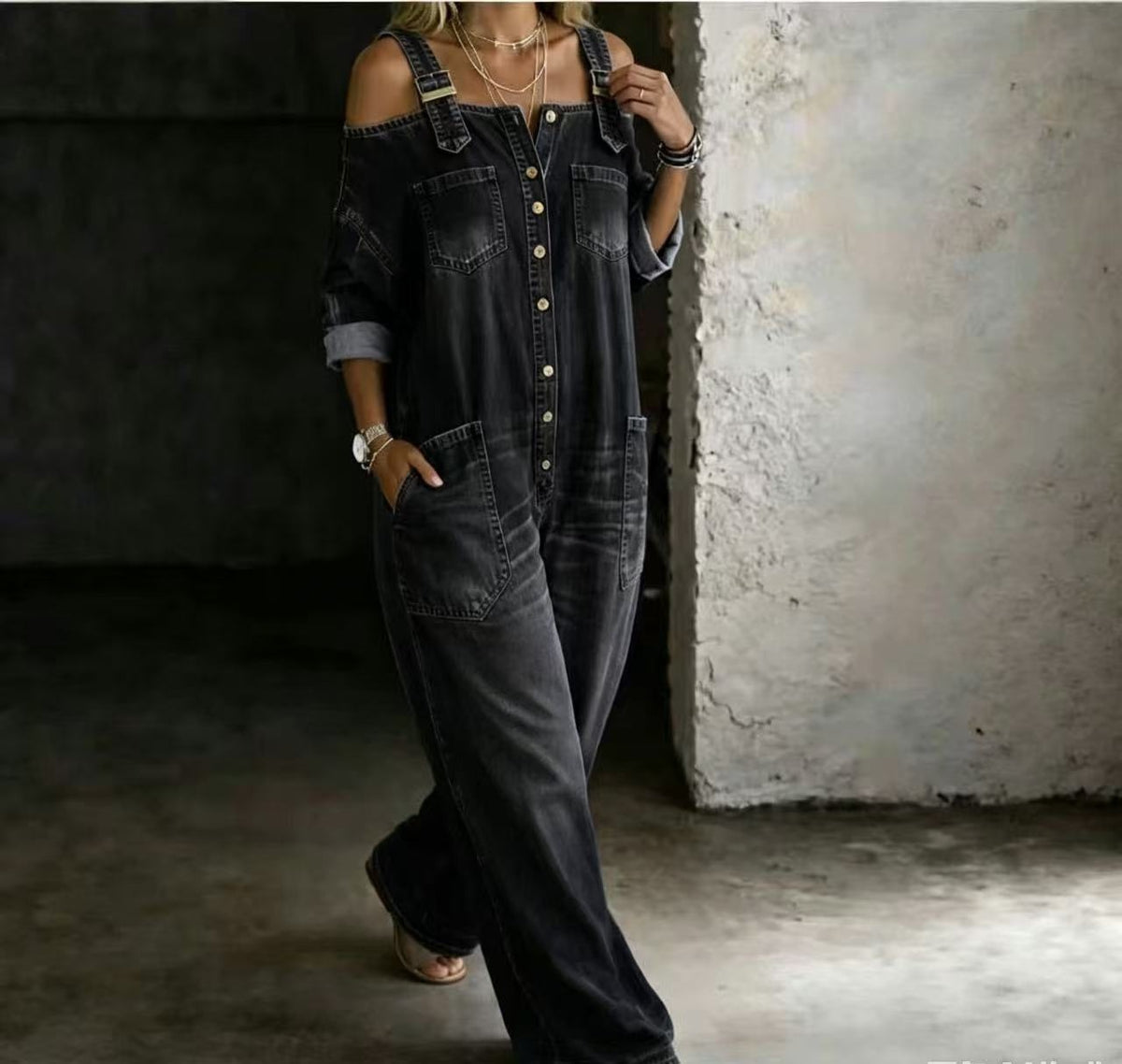 Women Off Shoulder Wide Leg Denim Jumpsuit