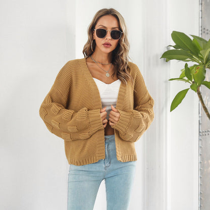 Oversized Chunky Knit Cardigan Open Front Lantern Sleeve