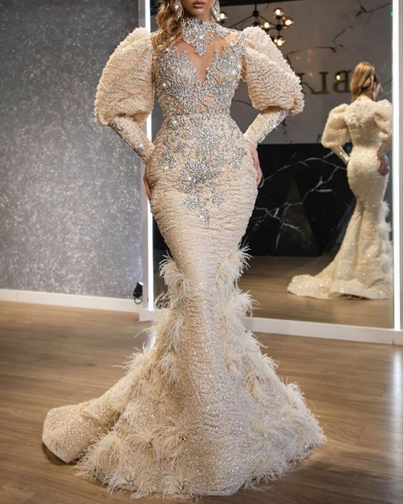 Crystal Feather Mermaid Evening Gown V-Neck Puff Sleeve