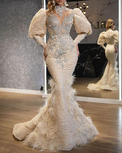 Crystal Feather Mermaid Evening Gown V-Neck Puff Sleeve