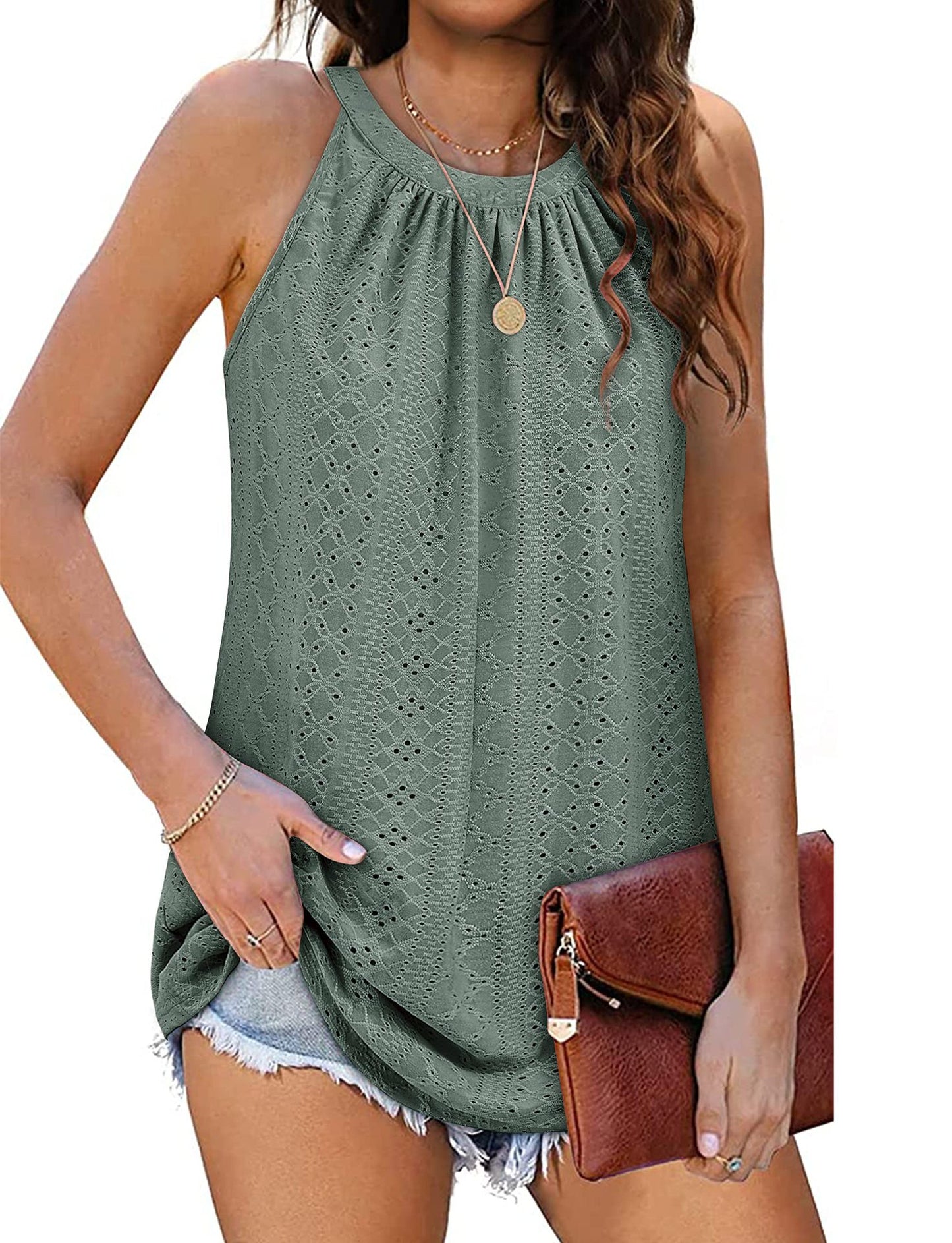 Loose Fit Round Neck Pleated Sleeveless Vest T-Shirt