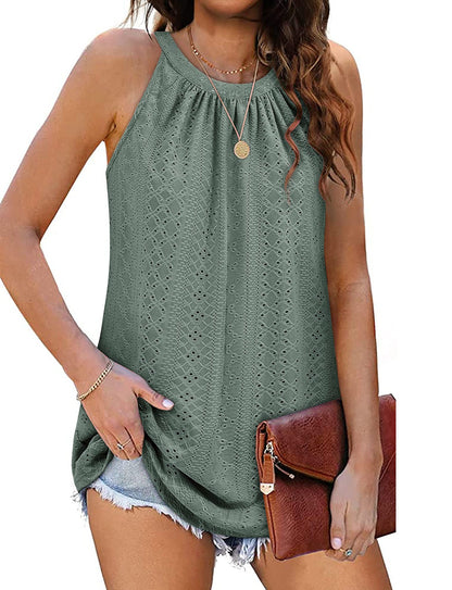 Loose Fit Round Neck Pleated Sleeveless Vest T-Shirt