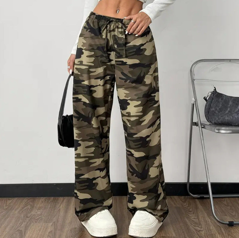 Women's Camo Wide Leg Pants High Waist Drawstring