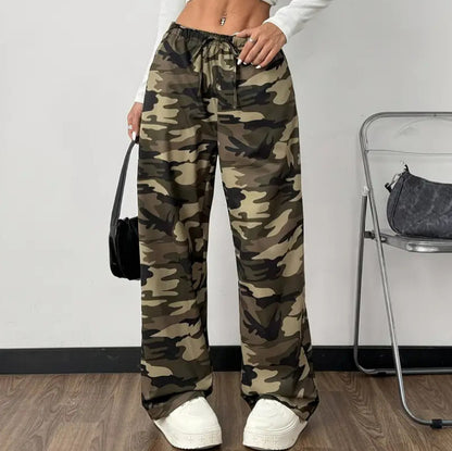 Women's Camo Wide Leg Pants High Waist Drawstring