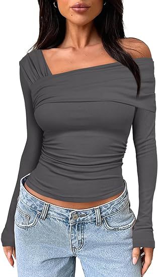 Women's One Shoulder Ruched Long Sleeve Crop Top Y2K
