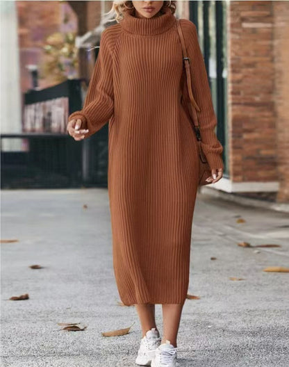 Oversized Ribbed Turtleneck Sweater Dress Long Sleeve Midi