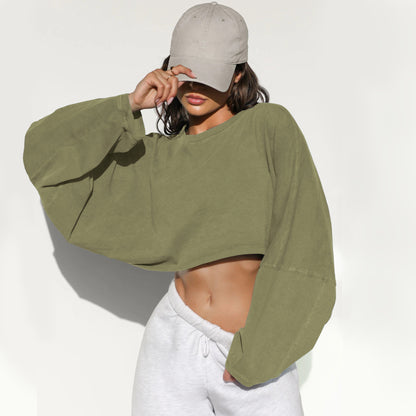 Women's Cropped Sweatshirt Crew Neck Long Sleeve Top