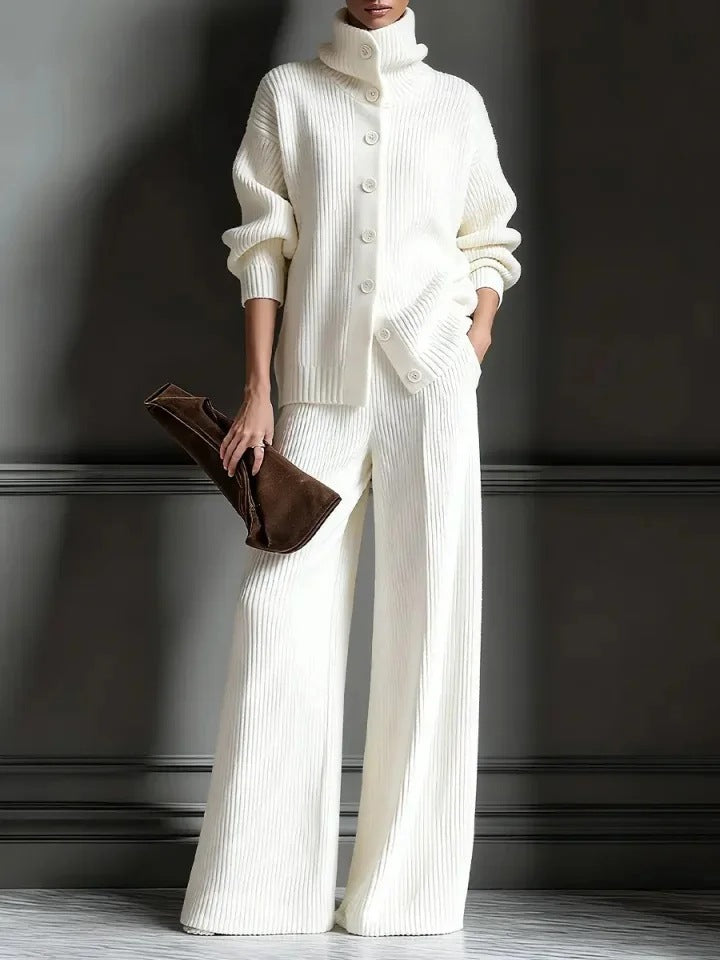Women's Knit Turtleneck Cardigan Wide Leg Pants Set