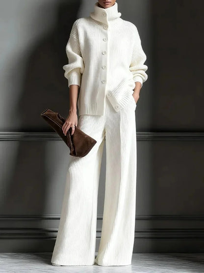 Women's Knit Turtleneck Cardigan Wide Leg Pants Set