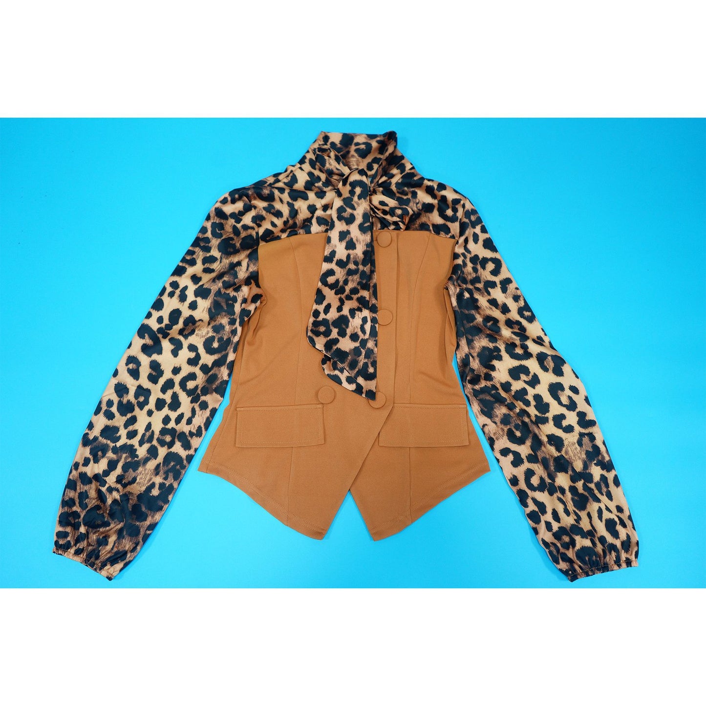 Leopard Print Tie Neck Blouse & Wide Leg Pants Set