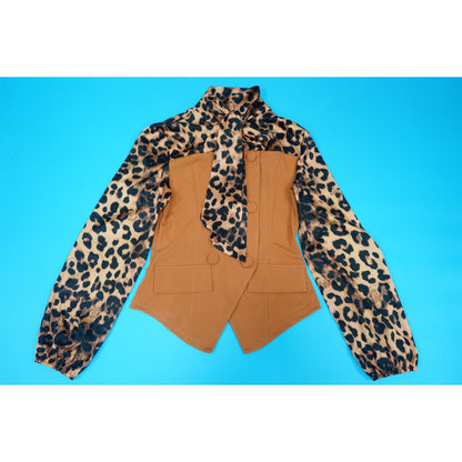 Leopard Print Tie Neck Blouse & Wide Leg Pants Set